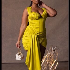 PLUS PREMIUM CHARTREUSE CONSTRUCTED SATIN RUCHED DRAPE BODYCON SKIRT